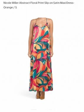 Nicole Miller Abstract Floral Satin Slip Maxi Dress - Multicolor S